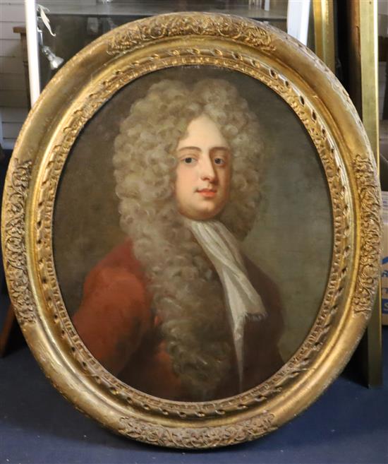 Follower of Godfrey Kneller (1646-1723) Portrait of a gentleman, related to Thomas Rowe of Endellion, County Cornwall 29 x 24in.